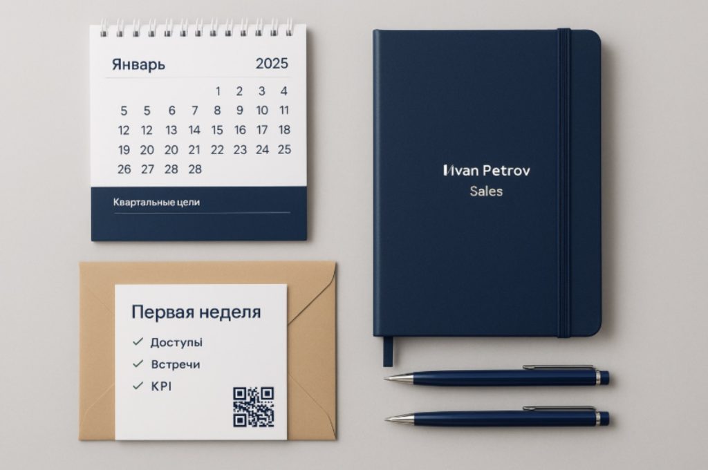 Онбординг-набор: календарь + блокнот + ручка — недорогой welcome-пак для новых сотрудников