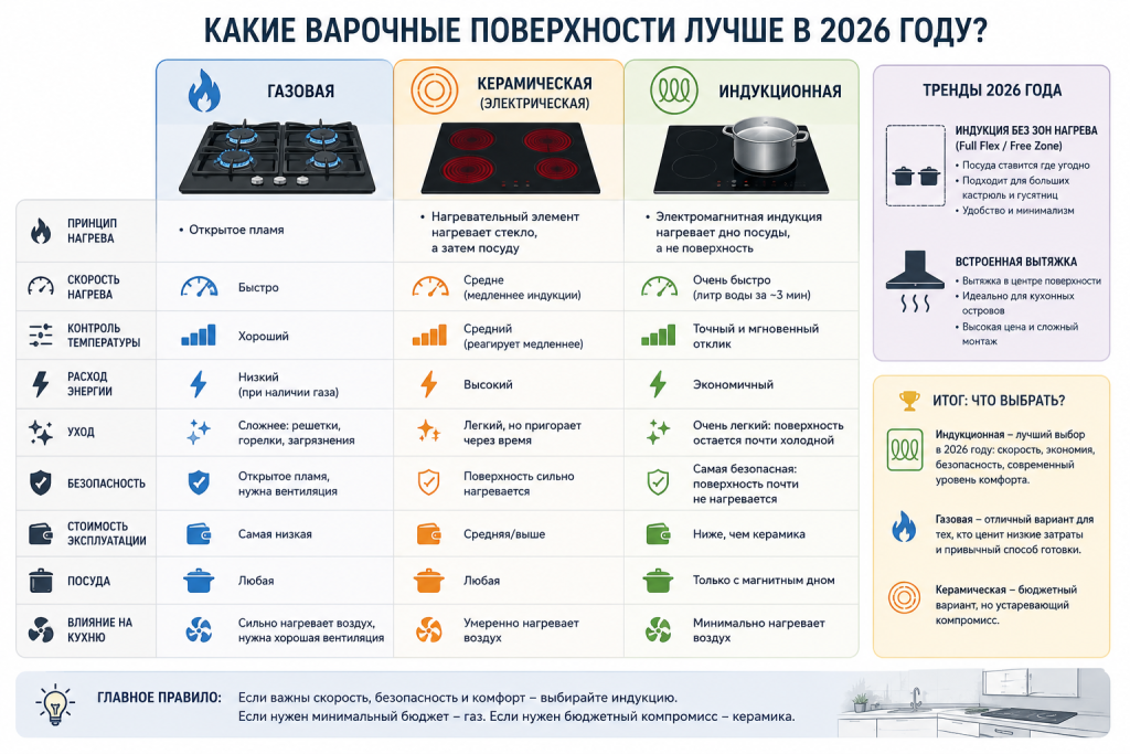 Какие варочные поверхности лучше в 2026 году: индукционные, газовые или керамические