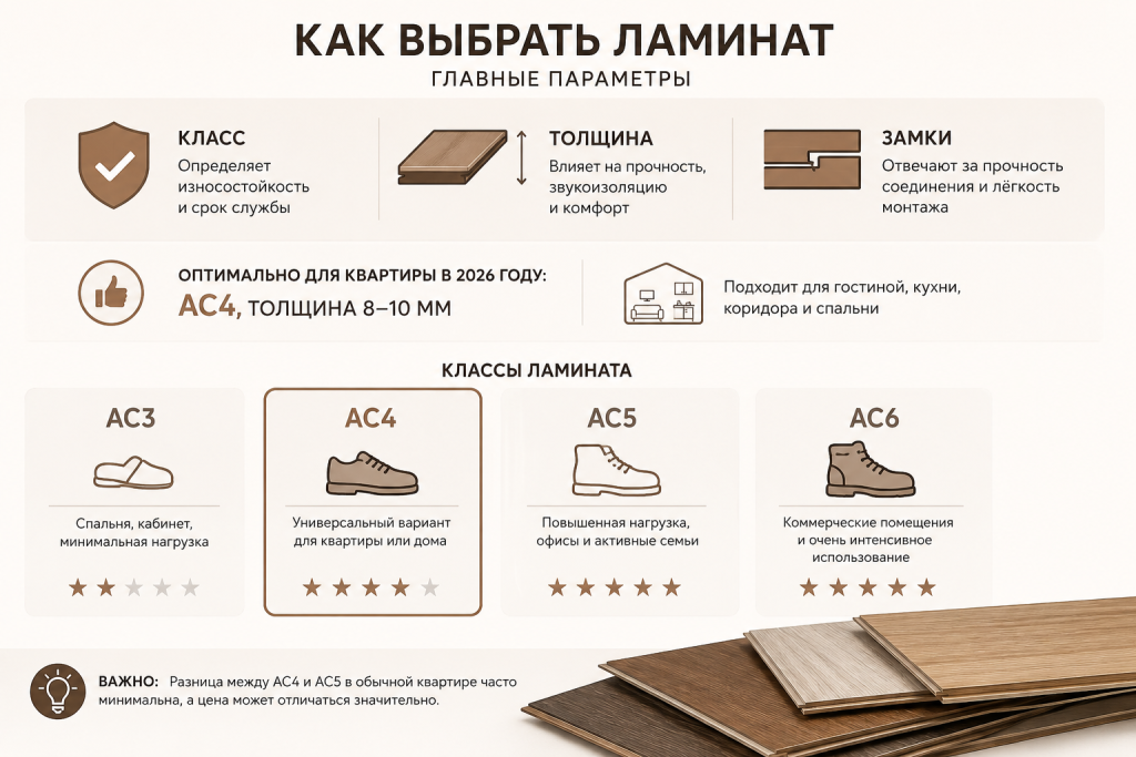 Как выбрать ламинат для пола в 2026 году: классы AC, толщина, влагостойкость и монтаж