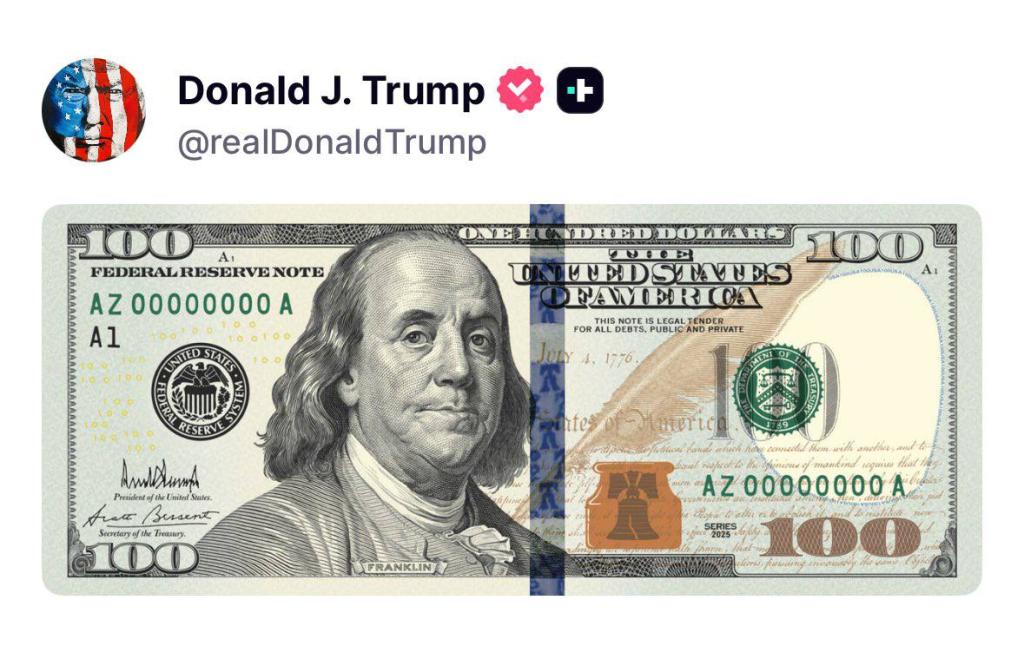 Трамп показал макет новой 100-долларовой купюры с подписью к 250-летию независимости США